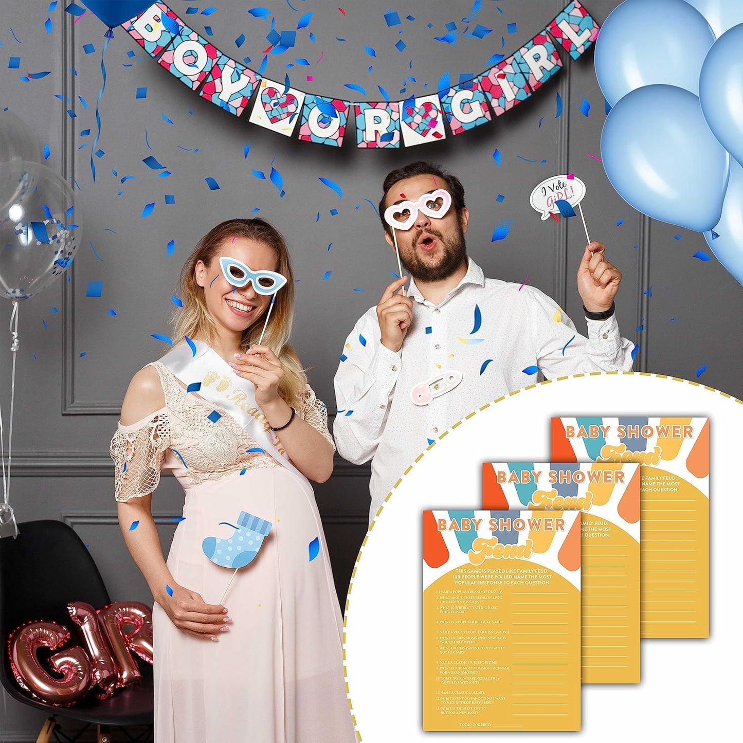 Boho Sunshine Baby Shower Games for Boy, 30 Baby Shower Feud Game Cards with 1 Answer Card, Gender Reveal Party Supplies Favors (5"x7") -A07