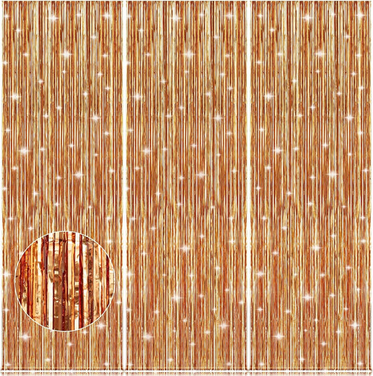 Accevo Rose Gold Foil Party Streamers 3Pack Metallic Tinsel Fringe Curtain 3.2ft x 8.2ft Streamer Curtains Anniversary Thanksgiving Christening Party Photo Booth Tinsel Curtain for Parties Decoration