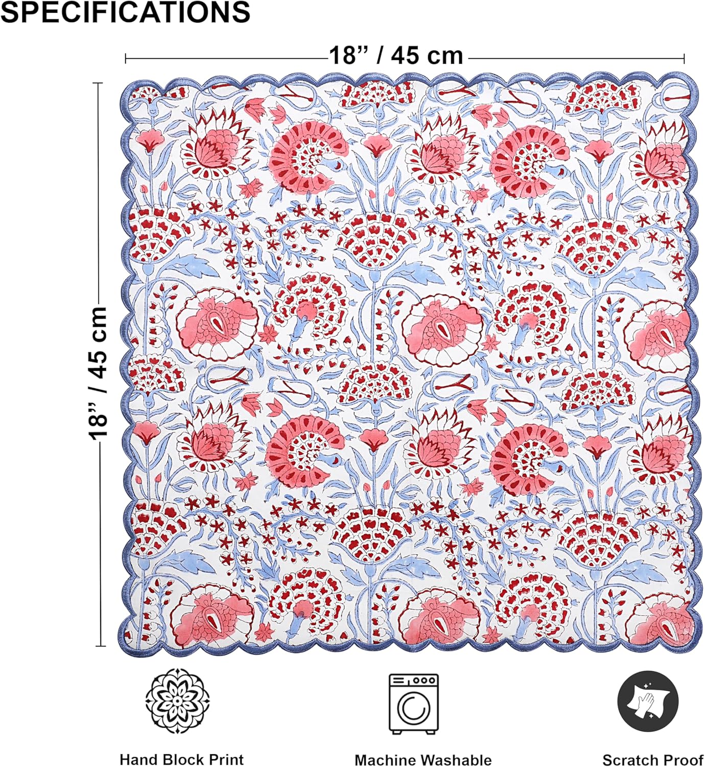 Ridhi Pigeon Blue with Blue EdgeHand Block Print Napkins 18" x 18" Set of 4 Reusable Cotton Dinner Napkins for Weddings, Parties & Everyday Dining, Thanksgiving, Christmas, Fall