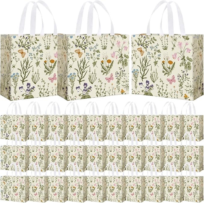 Abbylike 30 Pcs Wildflower Gift Bag Large Floral Shopping Bag Vintage Non Woven Tote for Party, 12.2 x 11.02 x 4.72 Inches