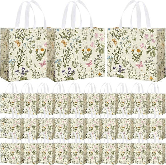 Abbylike 30 Pcs Wildflower Gift Bag Large Floral Shopping Bag Vintage Non Woven Tote for Party, 12.2 x 11.02 x 4.72 Inches