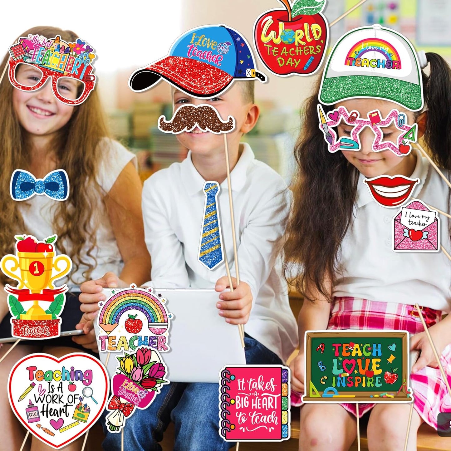 25 Pcs Teacher's Day Photo Booth Props, Thank You Teacher Theme Decoration Props, Teacher's Day Classroom Party Supplies