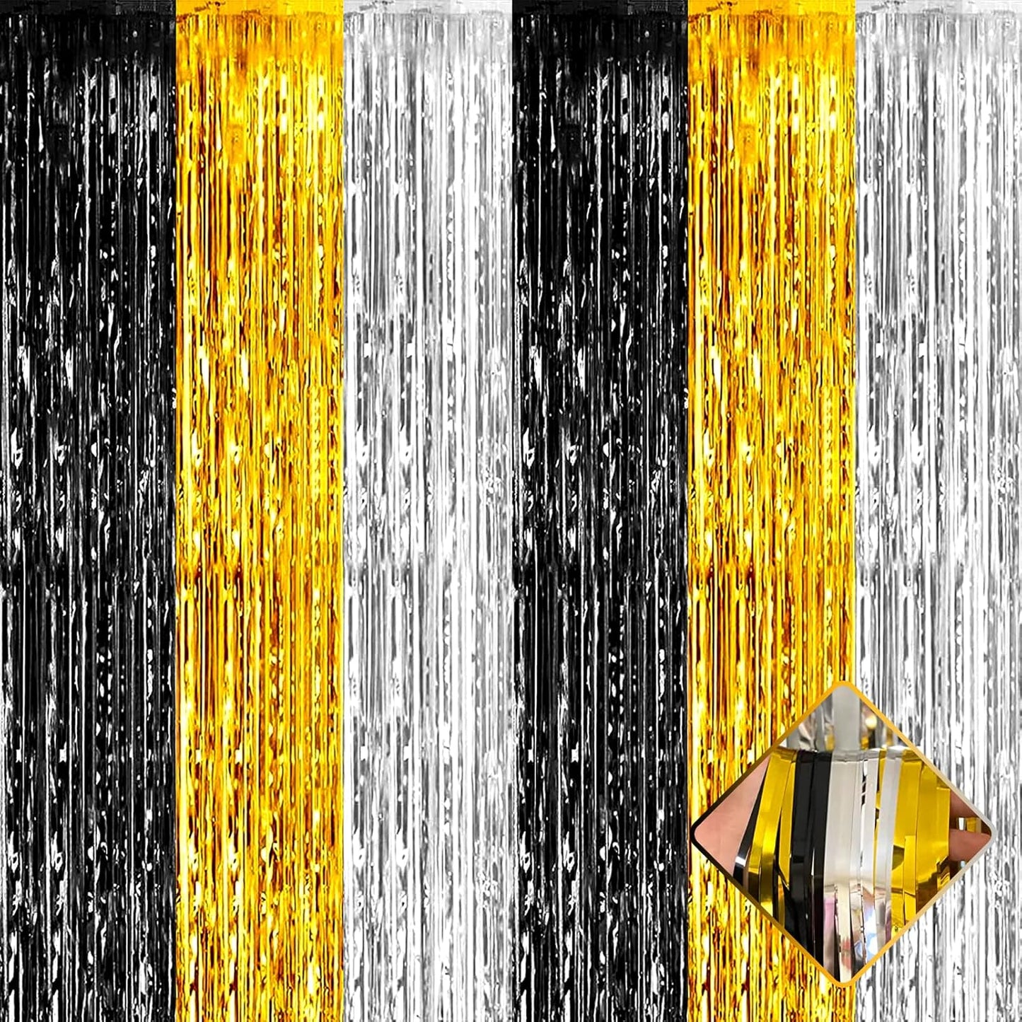4 Pack 3.2Ft x 6.6Ft Black Gold Silver Foil Fringe Curtain Backdrop, Metallic Tinsel Foil Fringe Streamers Curtains Background for Notorious One Birthday Roaring 20s Graduation Party Decoration