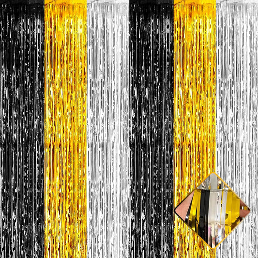 4 Pack 3.2Ft x 6.6Ft Black Gold Silver Foil Fringe Curtain Backdrop, Metallic Tinsel Foil Fringe Streamers Curtains Background for Notorious One Birthday Roaring 20s Graduation Party Decoration