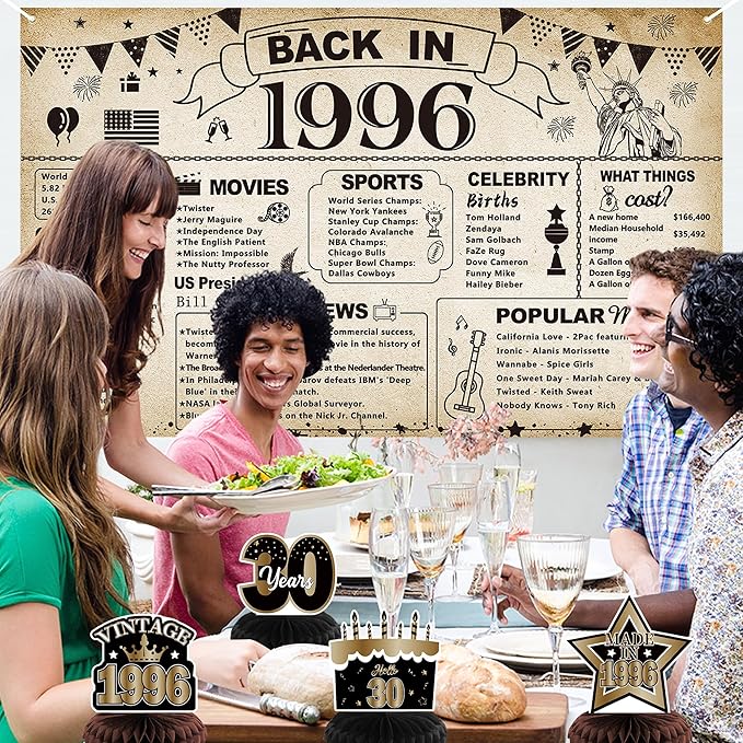 DARUNAXY 30th Birthday Party Decorations for Men Women, Vintage Back in 1996 Banner, Black 30 Number Balloons & Cake Topper, Vintage 1996 30 Birthday Honeycomb Hanging Swirl Confetti Balloons(30PC)