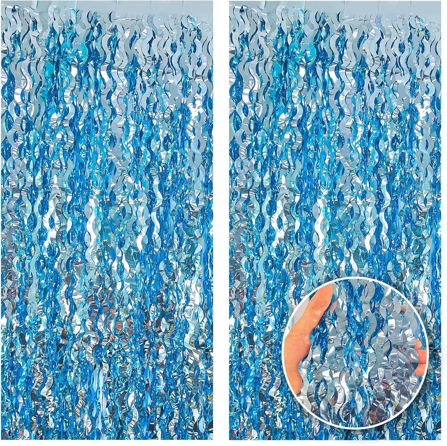 ADLKGG 6 Pack Blue Wavy Foil Fringe Curtain, Streamers Water Beach Backdrop for Ocean Backdrop | Under The Sea Party Decorations | Summer Pool Party Decorations, 3.3x6.6 Feet