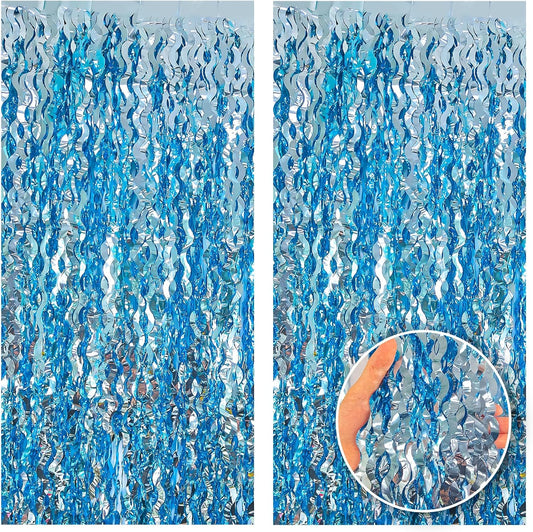 ADLKGG 6 Pack Blue Wavy Foil Fringe Curtain, Streamers Water Beach Backdrop for Ocean Backdrop | Under The Sea Party Decorations | Summer Pool Party Decorations, 3.3x6.6 Feet