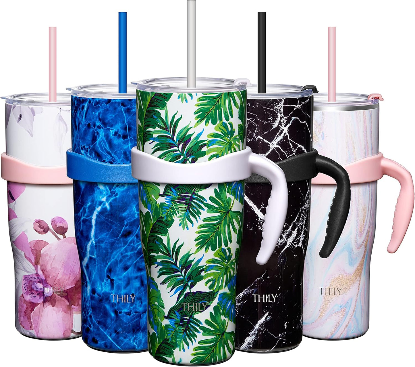 THILY Stainless Steel Vacuum Insulated Tumbler 40 oz Coffee Travel Mug with Handle and Lid, Reusable, Sweat Proof, Keep Drinks Cold for 34 Hours or Hot for 12 Hours, Green Plants