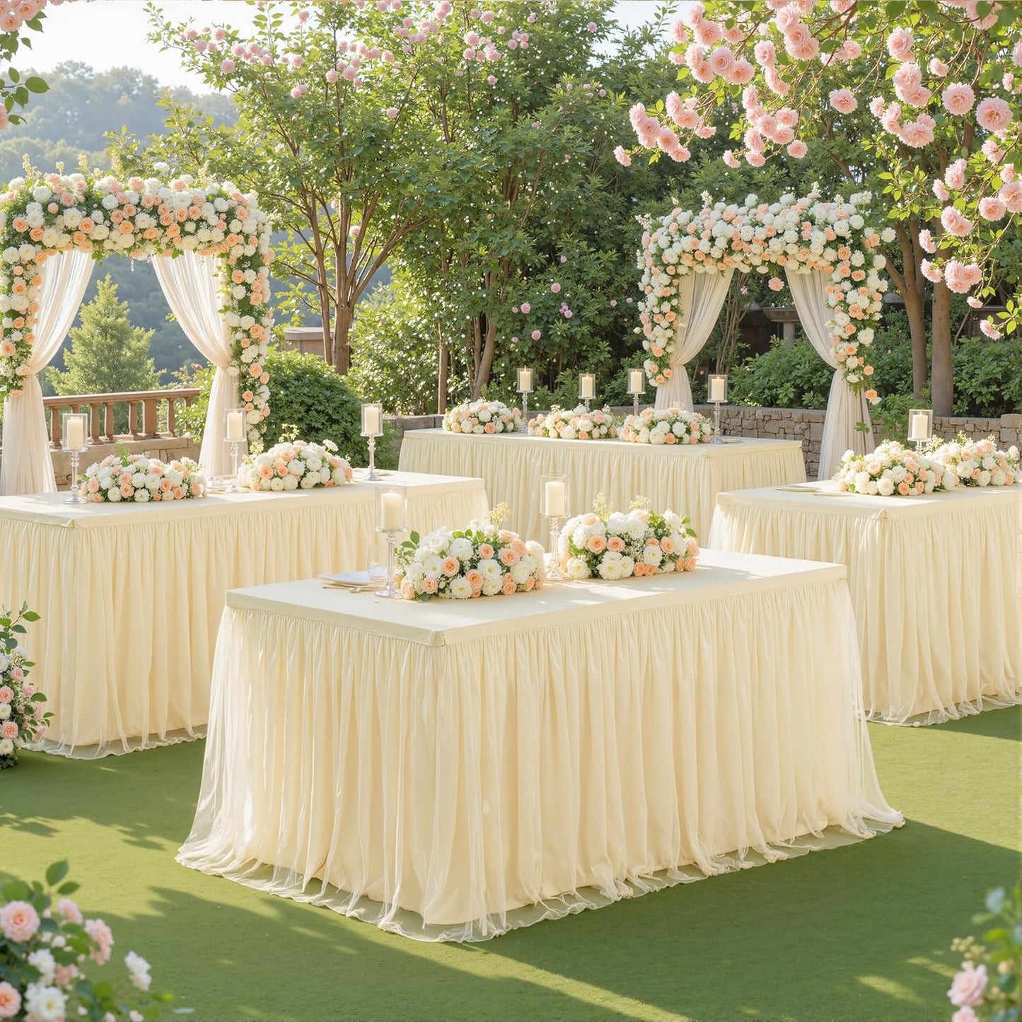 Suppromo 8ft Champagne Tulle Tablecloths for Rectangle Tables 8 Foot Stretch Rectangular Table Cloths Wrinkle Free Table Cover with Tutu Skirt for Wedding Birthday Party Banquet Buffet Cake Event