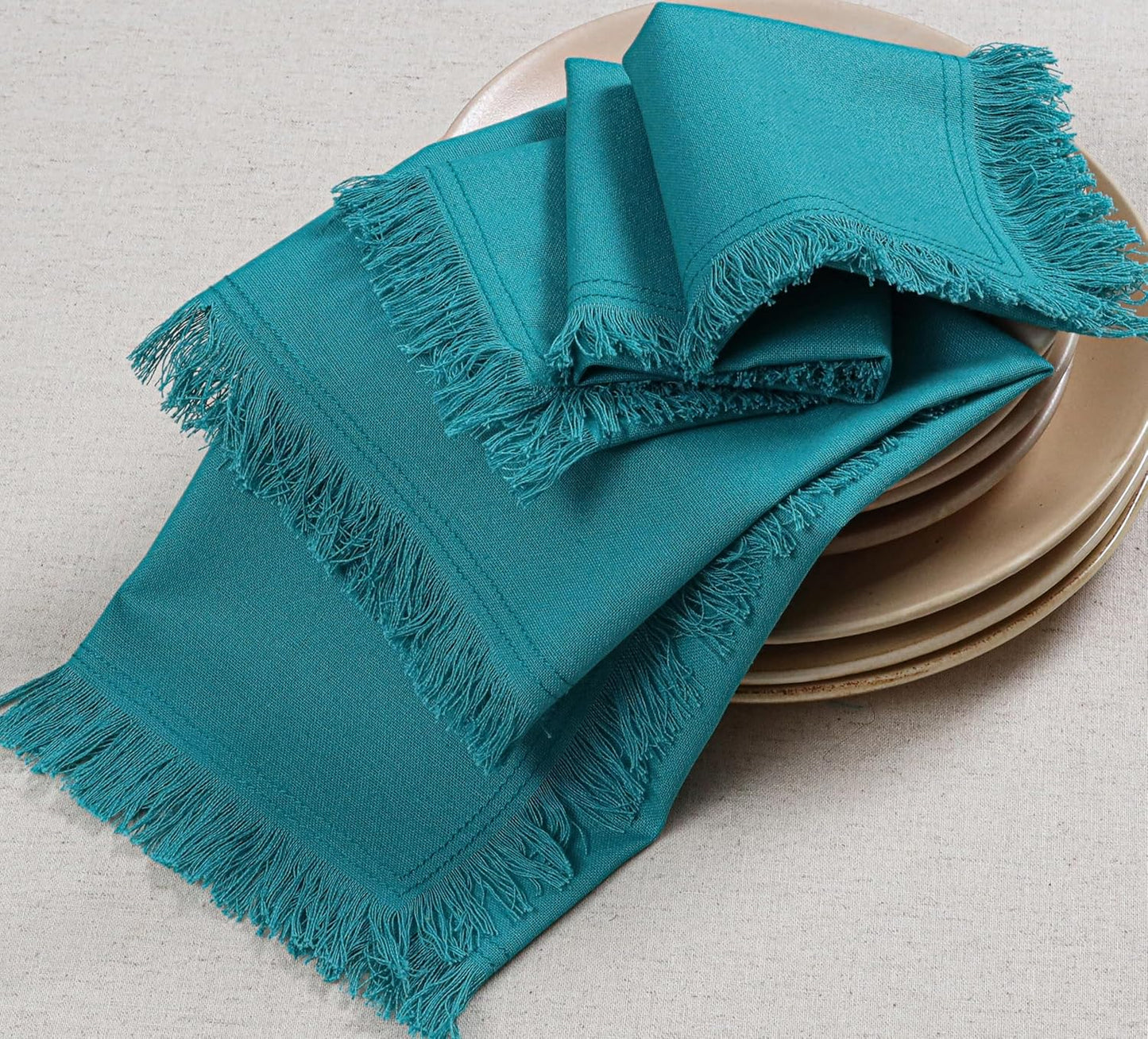 Bedding Craft Cotton Cloth Dinner Napkins Set of 12 – 18x18 Latigo Bay Teal with Fringed Corners – Reusable Machine Washable Fabric Napkins for Weddings, Baby Showers, Parties & Dining