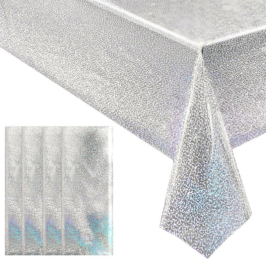 4 pcs Silver Holographic Tablecloths Shiny Disco Laser Table Cloths 40" x 108" Iridescence Plastic White Table Cover for Birthday Party Decoration Wedding Christmas Winter Grad Party Supplies