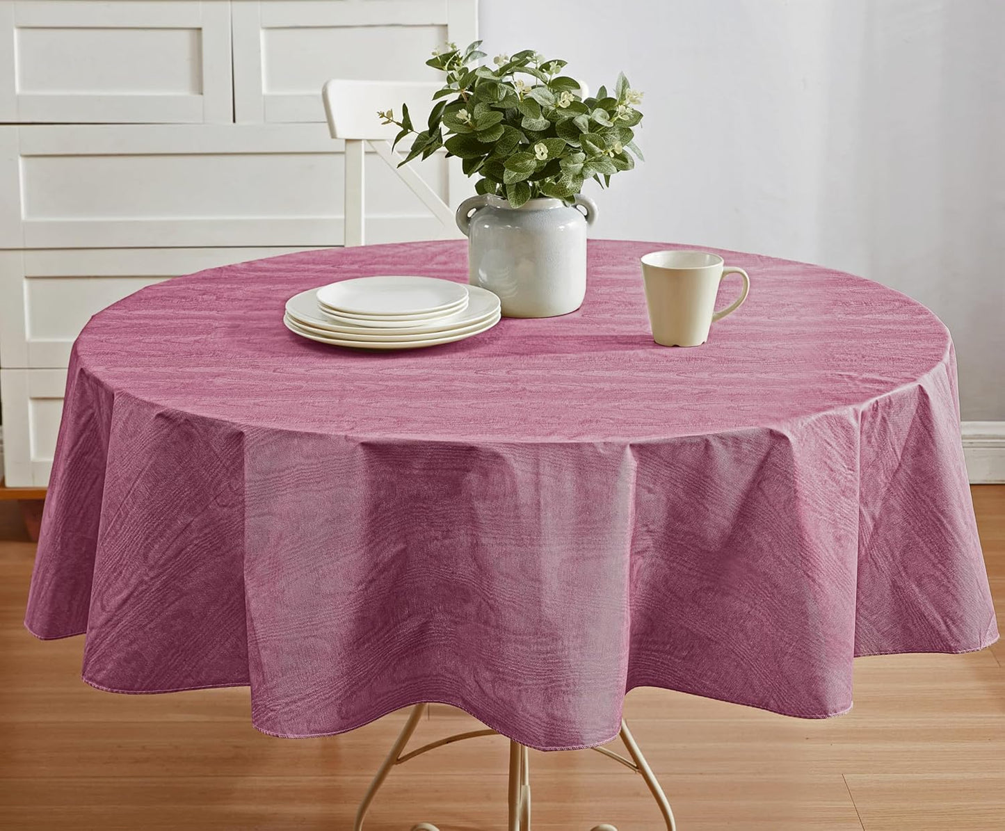Newbridge Vinyl Flannel Backed Tablecloth, 70 inch Round, Burgundy Moire Wavy Solid Design, Heavyweight Indoor Outdoor Waterproof Table Cover, Easy Care Wipe Clean