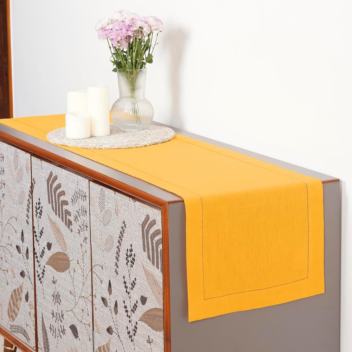 D'Moksha Homes Linen Sunflower Yellow Table Runner 72 Inches Long - 100% Pure Linen Hemstitch Table Runner 14 x 72 Inch for Dresser, Dining, Fall, Autumn and Halloween - Classic Hemstitch