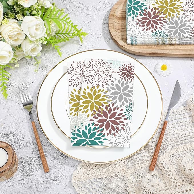 Karenhi 200 Pcs Floral Hand Paper Towel 2 Ply Dahlia Flower Guest Napkins Spring Guest Paper Napkins for Bathroom Disposable Hand Towels for Wedding Bridal Baby Shower Birthday