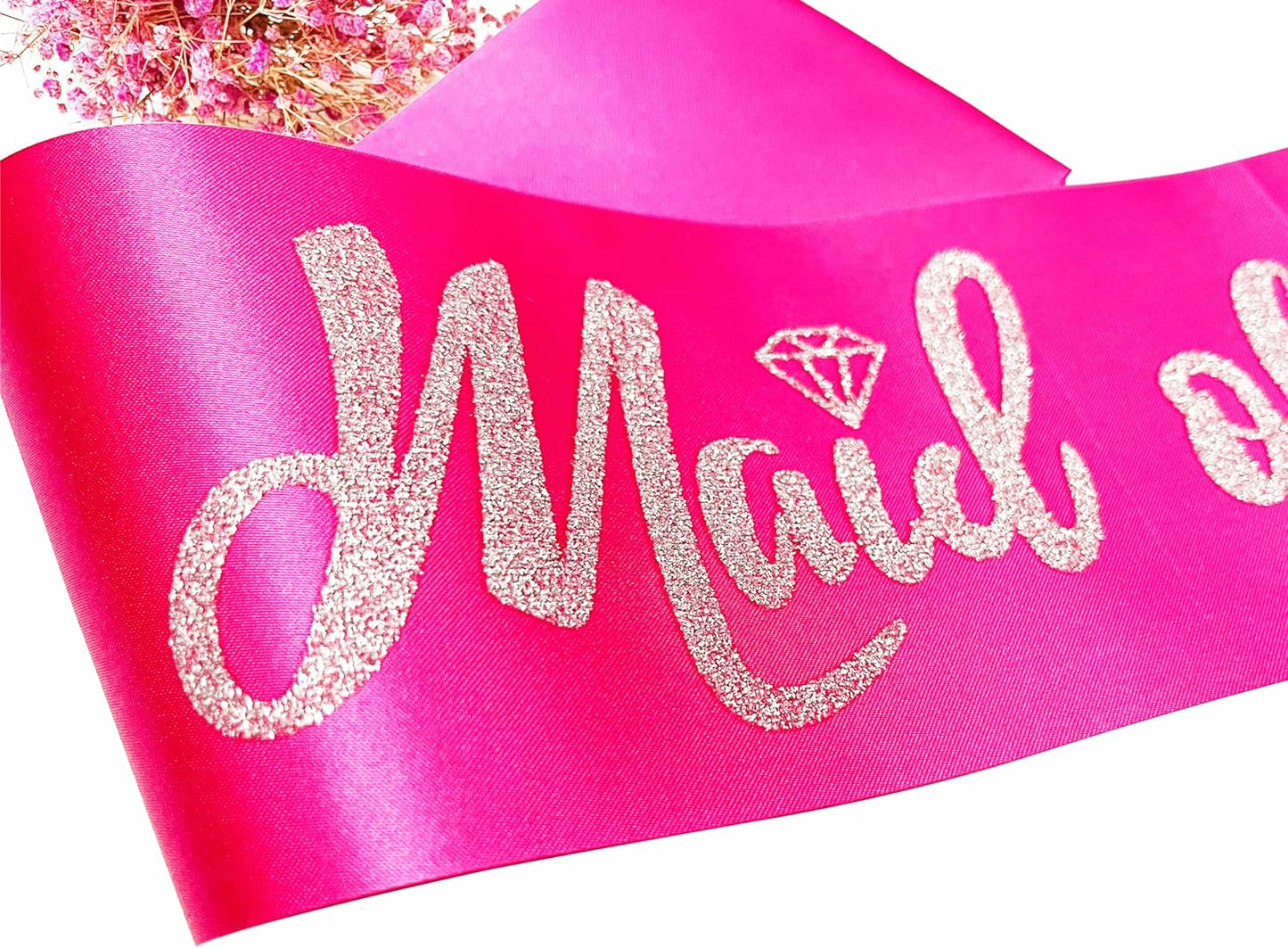 Maid of Honor Sash, Hot Pink Sash with Silver Glitter Letter Bachelorette Party Sash for Bridal Shower Wedding Party Accessories Supplies Engagement Gifts