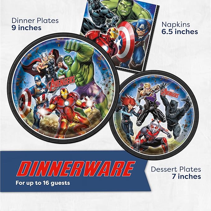 Marvel Avengers Party Supplies and Decorations, Avengers Birthday Party Supplies, Serves 16 Guests, Officially Licensed with Table Cover, Banner Decor, Plates, Napkins, and More