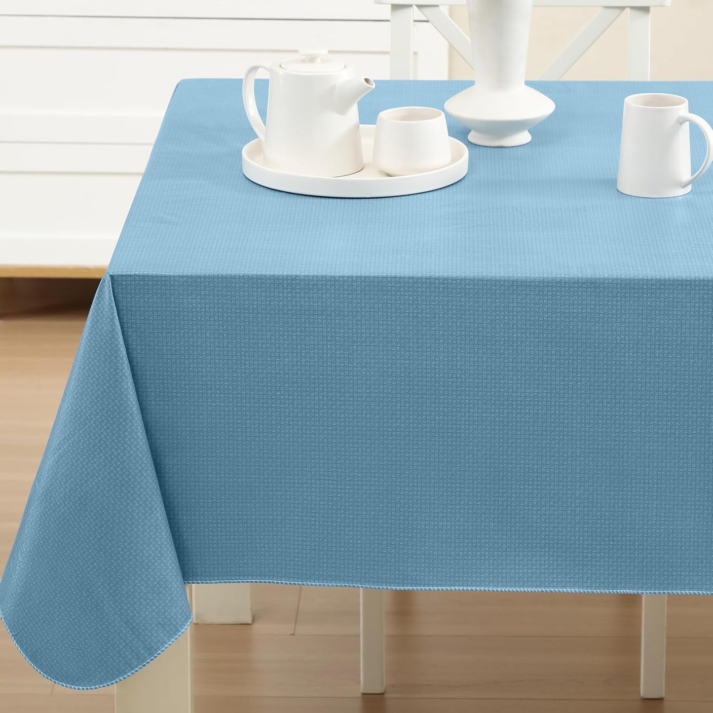 Newbridge Basketweave Vinyl Flannel Backed Tablecloth, 60 x 102 Inch Rectangle, Blue, Basket Weave Textured Indoor Outdoor Waterproof Table Cover for Patio, Kitchen, Dining