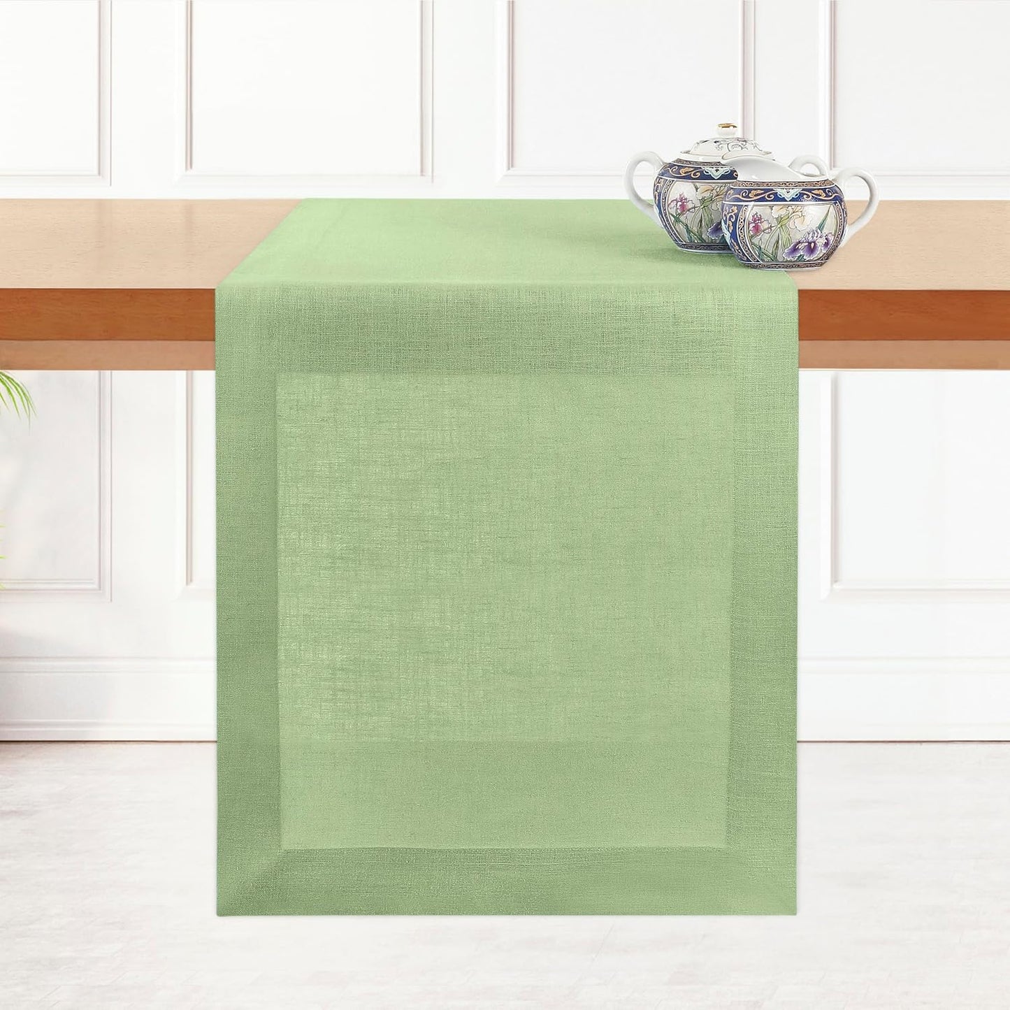 D'Moksha Homes Linen Sage Green Table Runner 144 Inches Long - 100% Pure Linen Extra Long Table Runner 14 x 144 Inch for Fall, Autumn and Halloween - Machine Washable