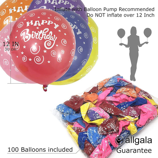 Allgala Latex Balloons for Parties | Helium Grade Bulk Balloon Pack | Ideal for Birthday Party Decorations, Baby Shower, Christmas Party | Colored Balloons for Events | 100ct 12" - Happy Birthday
