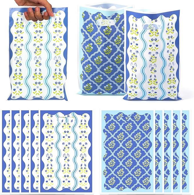 50Pcs Coastal Wavy Flower Party Favor Bag - Blue Floral Plastic Waterproof Goodie Bag Spring Vintage Rectangular Gift Pack for Kids Birthday Bachelorette Baby Shower Decor Garden Party Supplies