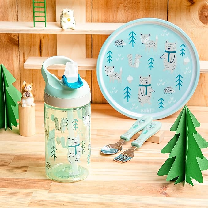 Zak Designs 5-Piece Dinnerware Set, Forest Friends - Durable Plastic & Stainless Steel - Includes Water Bottle, 8-Inch Plate, 6-Inch Bowl, Fork & Spoon - Suitable for Kids Ages 3+