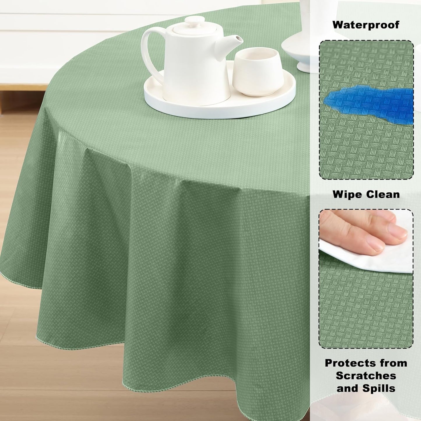 Newbridge Basketweave Vinyl Flannel Backed Tablecloth, 70 Inch Round, Sage Green, Basket Weave Textured Indoor Outdoor Waterproof Table Cover for Patio, Kitchen, Dining