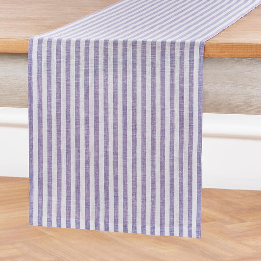 Solino Home Striped Linen Table Runner 108 Inches Long - Amalfi Stripe 100% Pure Linen Violet and White Dining Table Runner 14 x 108 Inch