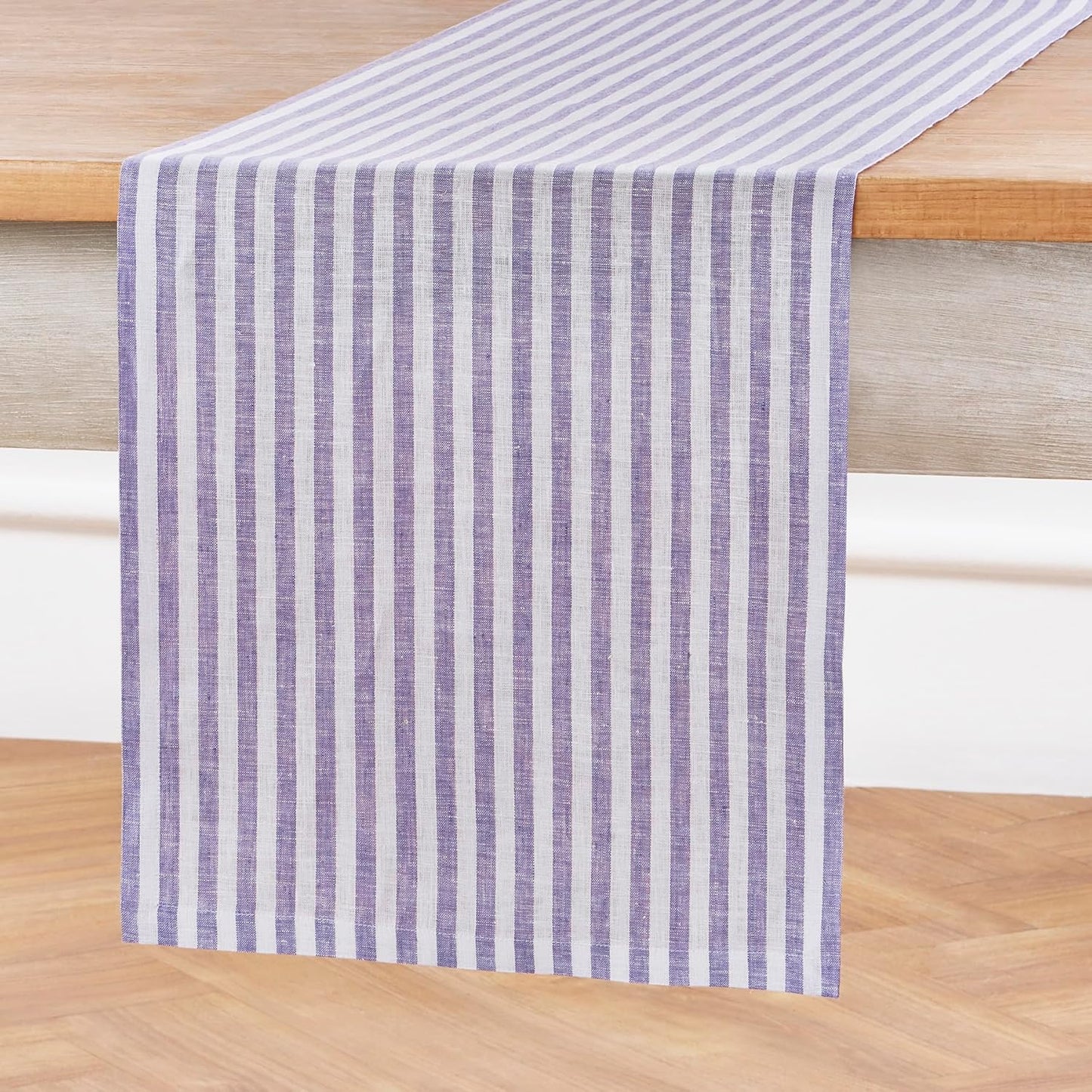 Solino Home Striped Linen Table Runner 120 Inches Long - Amalfi Stripe 100% Pure Linen Violet and White Dining Table Runner 14 x 120 Inch