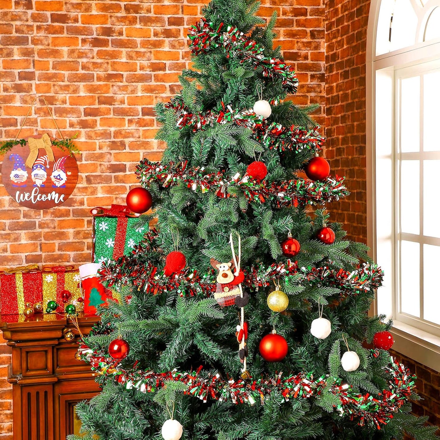 Sosation 100 ft Christmas Tinsel Garland Christmas Tree Twist Garland Bulk Glitter Metallic Streamer Indoor Outdoor Hanging Xmas Decorations(Silver Red Green)