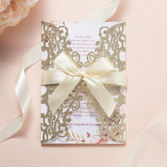 50Pcs Glitter Floral Laser Cut Wedding Invitation Cards with Envelope Blank Inner Sheet and Ribbon for Wedding Engagement Bridal Shower Party Invite(7.09 X 4.92inch, Gold)