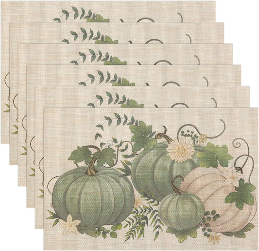 Thanksgiving Placemats Set of 6 Fall Place Mats Pumpkin Maple Leaves Table Mats Washable Non-Slip Heatproof Woven Placemats for Dining Table (17.7" X 11.8")