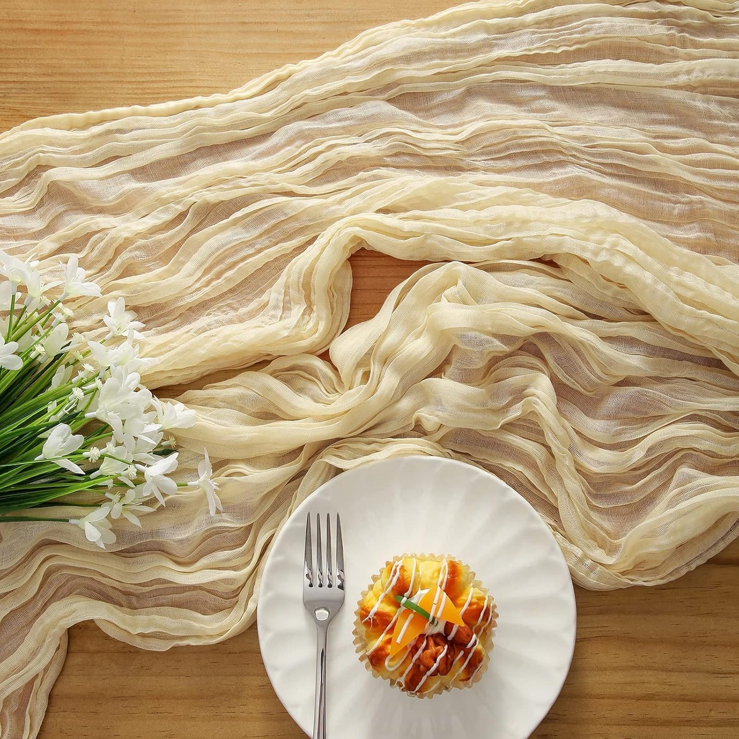 DOLOPL Cream Cheesecloth Table Runner 13.3ft Boho Gauze Cheese Cloth Table Runner Rustic Sheer Runner 160inch Long for Wedding Bridal Baby Shower Birthday Party Cake Table Decorations
