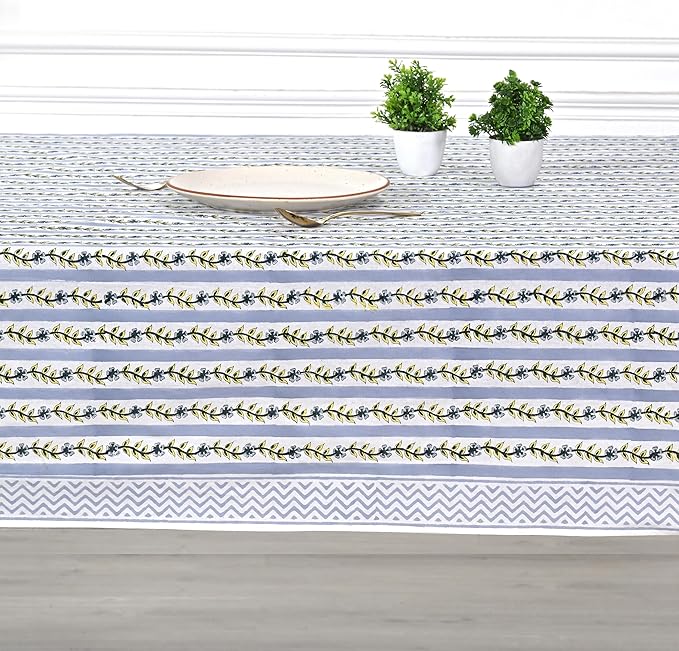 Ridhi Hand Block Print Dolphin Gray Rectangle Cotton Tablecloth 90" x 60" Reusable Table Cover Decorative Everyday Use for Dining, Farmhouse, Home Gift for Spring, Easter, Valentine