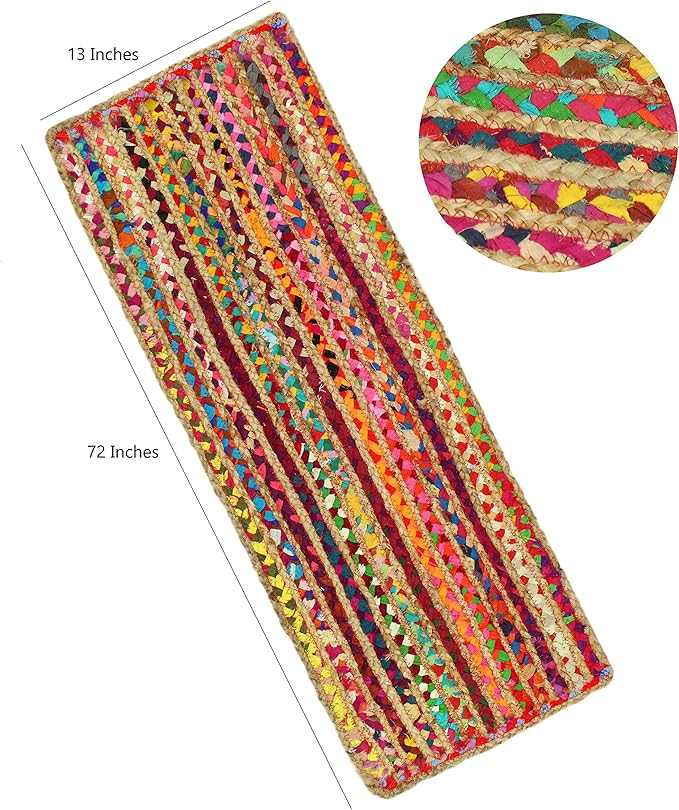 COTTON CRAFT Jute Chindi Table Runner - Braided Handwoven Reversible Tablerunner - Summer Fall Harvest Holiday Festive Party Boho Rustic Farmhouse Dining Kitchen Tabletop - 13 x 72 inch - Multicolor