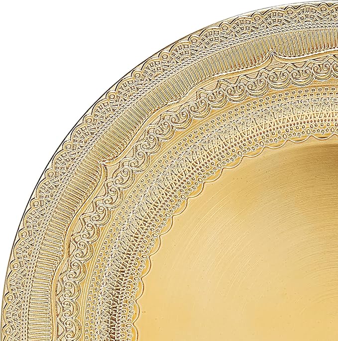 13 IN Gold Charger Plate Collection, 12-Piece Plastic Decorative Plates, Disposable Charger Plates Bulk for Anniversary Halloween Bachelor Party (Lace Gold, 12 PCS)