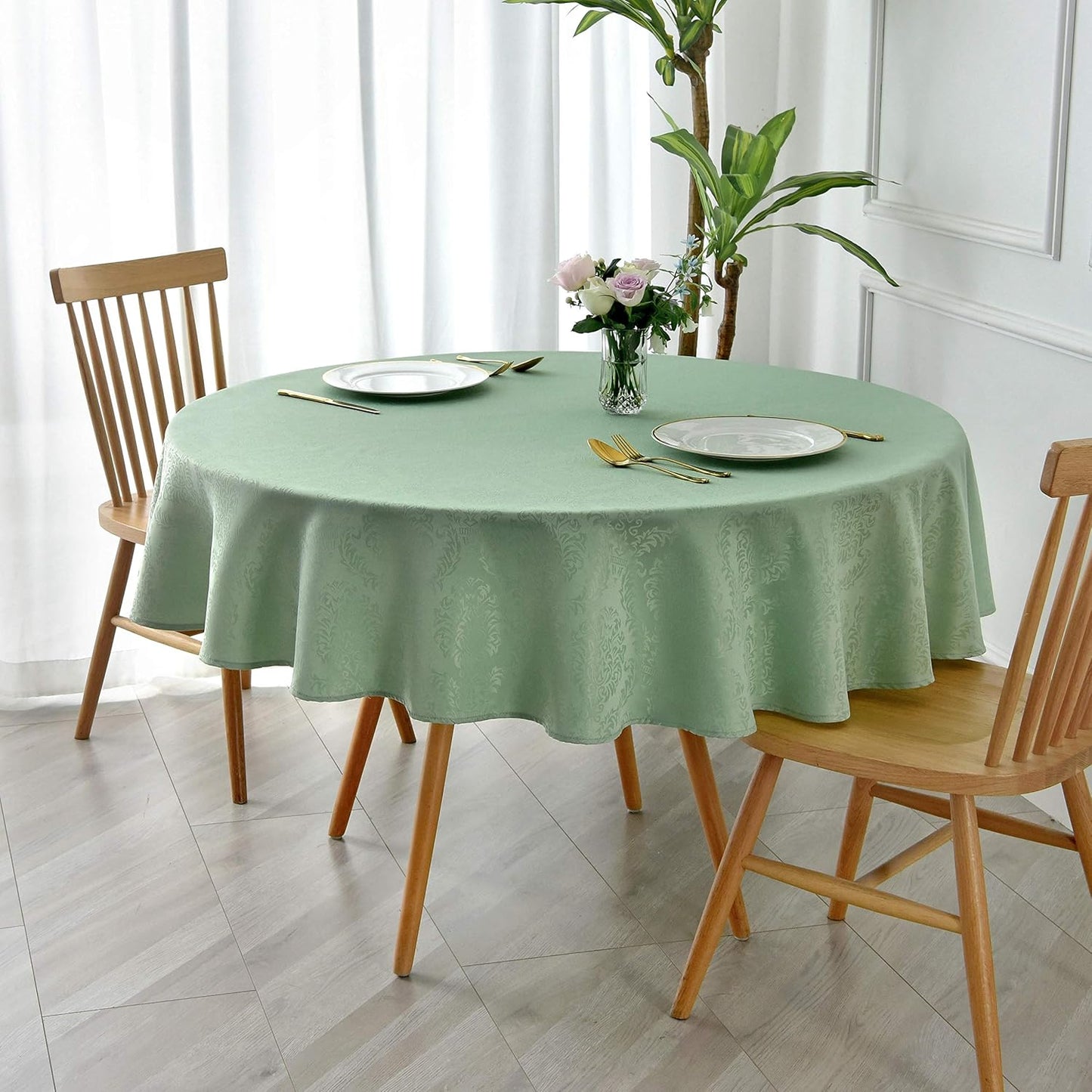 maxmill Jacquard Round Table Cloth Damask Design Waterproof Antiwrinkle Heavy Weight Soft Tablecloths for Circular Table Cover and Kitchen Dinning Tabletop Round 70 Inch Sage Green