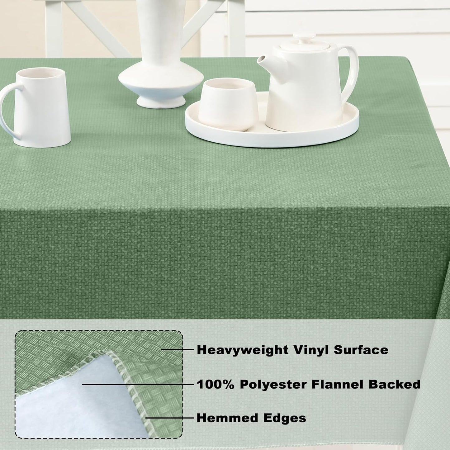 Newbridge Basketweave Vinyl Flannel Backed Tablecloth, 60 x 84 Inch Rectangle, Sage Green, Basket Weave Textured Indoor Outdoor Waterproof Table Cover for Patio, Kitchen, Dining