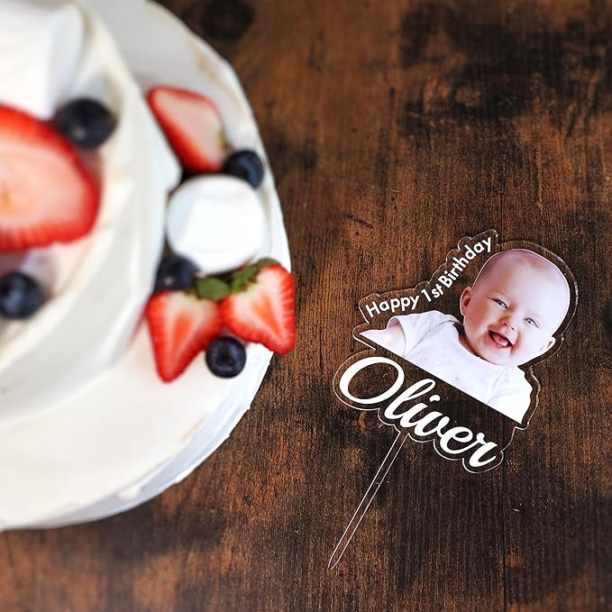 Custom Photo Cake Topper – Personalized Acrylic Cake Topper with Picture and Name, Printed Cake Sign Charm for Couples and Dessert Decoration