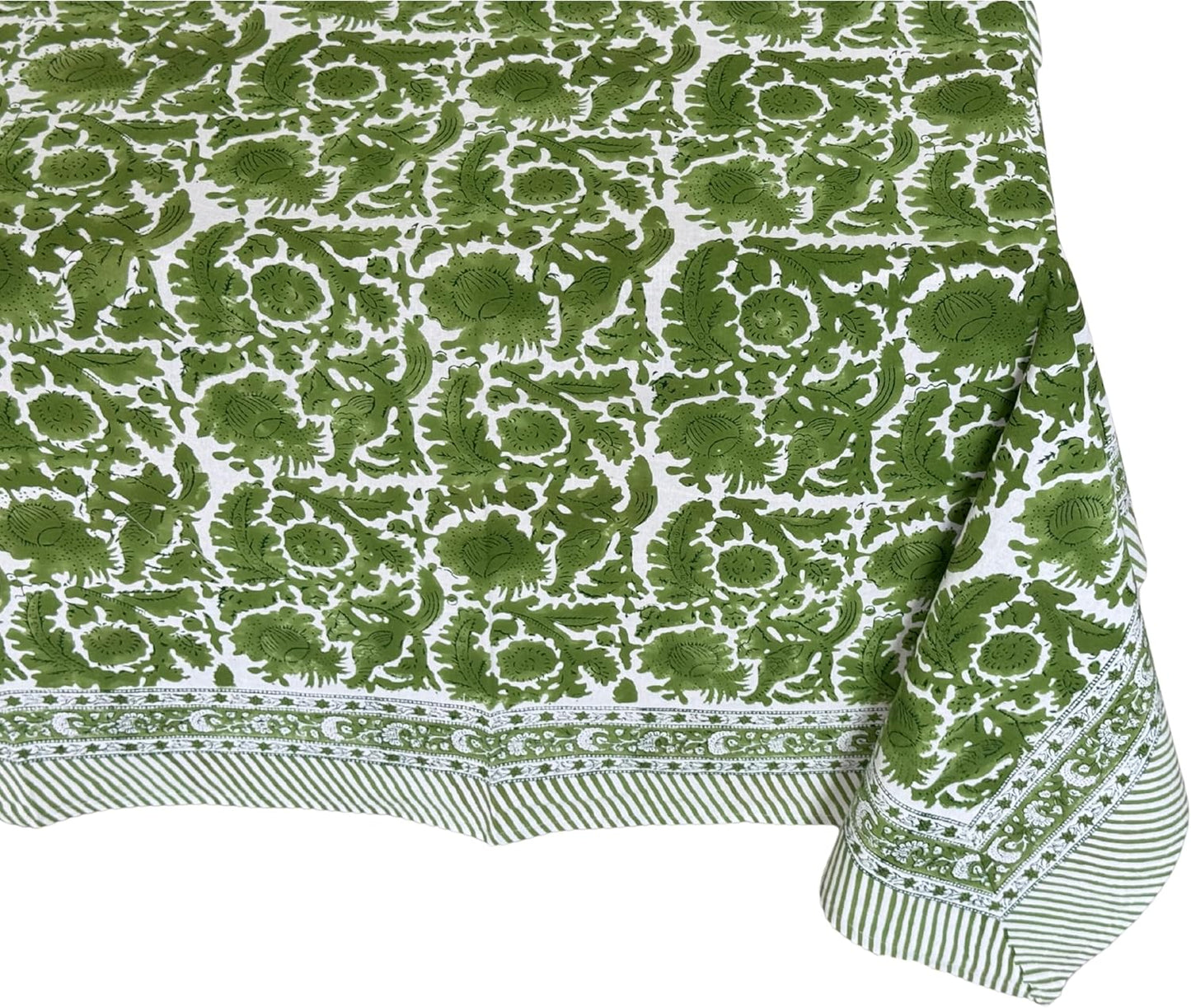 ATOSII Paradise Green 100% Cotton Rectangle Summer Tablecloth, Handblock Floral Print Linen Table Cloth for Kitchen Dining I Parties, Weddings, Outdoors, Decor 60 X 90 Inches