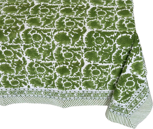 ATOSII Paradise Green 100% Cotton Rectangle Summer Tablecloth, Handblock Floral Print Linen Table Cloth for Kitchen Dining I Parties, Weddings, Outdoors, Decor 60 X 90 Inches