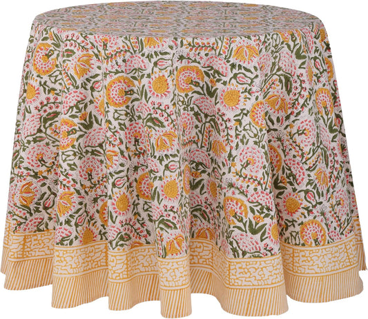 ATOSII Clover Yellow 100% Cotton Round Tablecloth, Handblock Print Floral Table Cloth for Kitchen Dining Linen I Parties, Weddings, Outdoors, Christmas, Thanksgiving I Fall Home Decor 72" Inches Round