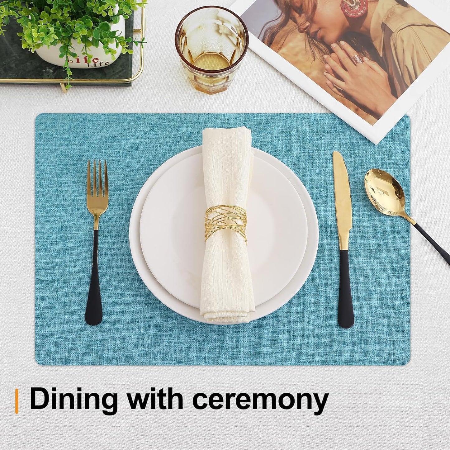 Homaxy Cloths Placemats for Dining Table Set of 4, Heat Resistant Washable Cotton Linen Blend Table Mats, Easy to Clean Place Mats for Indoor Outdoor Party Kitchen Decoration, 13" x 19", Aqua