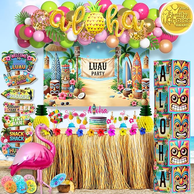 180 pc Premium Luau Party Decorations Set – Hawaiian Birthday Party Decor with Balloons, Backdrop, Table Skirt, Toppers & More – Tropical Aloha Themed Supplies for Indoor & Outdoor Celebrations