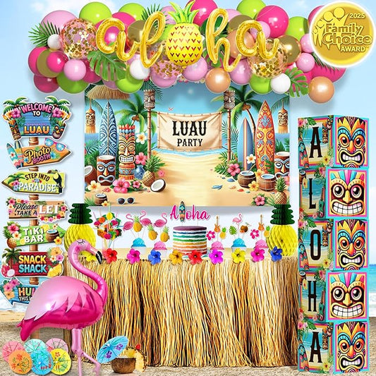 180 pc Premium Luau Party Decorations Set – Hawaiian Birthday Party Decor with Balloons, Backdrop, Table Skirt, Toppers & More – Tropical Aloha Themed Supplies for Indoor & Outdoor Celebrations