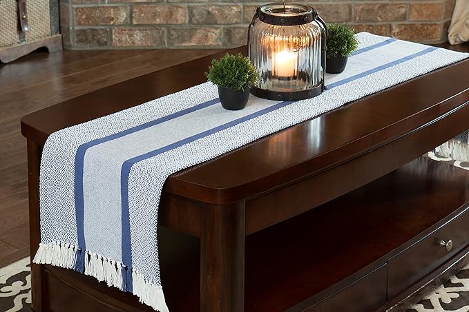 Sticky Toffee Cotton Table Runner, 14 x 72 Inch, Blue Woven Farmhouse Boho Striped Table Décor for Kitchen or Dining