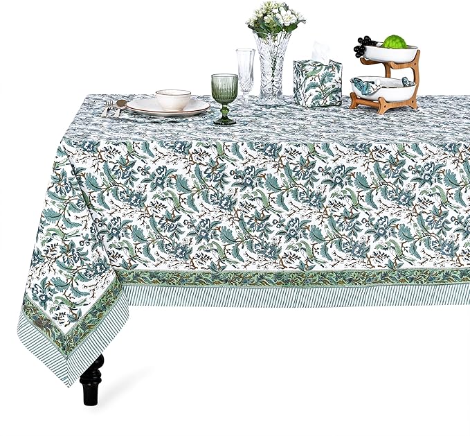 Ridhi Hand Block Print Sage Russian Green Rectangle Cotton Tablecloth 160" x 72" Reusable Table Cover Decorative Everyday Use for Dining, Farmhouse, Home Gift for Spring, Easter, Valentine