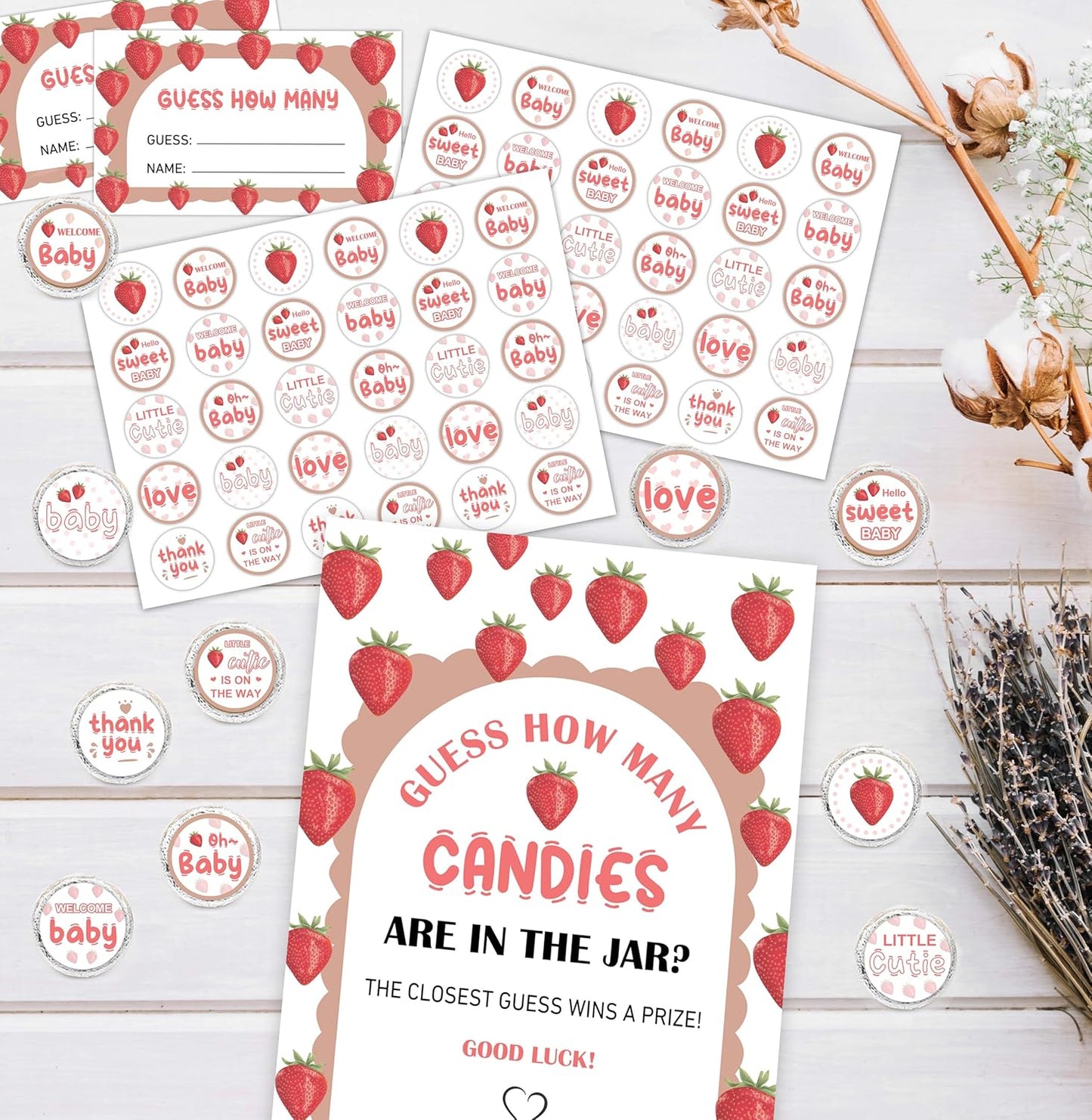 Guess How Many Candies Baby Shower Games, How Many Candies Standing Sign 50 Guessing Cards 180 Baby Shower Candies Stickers, Guess How Many Candies Strawberry Baby Showers Game Set for Birthday Party