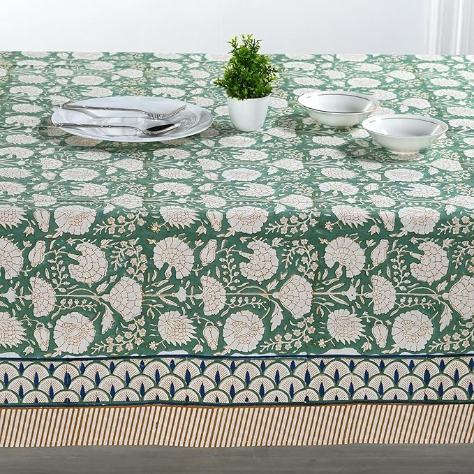 Ridhi Hand Block Print Turquoise Moss Green Rectangle Cotton Tablecloth 118" x 70" Reusable Table Cover Decorative Everyday Use for Dining, Farmhouse, Home Gift for Spring, Easter, Valentine