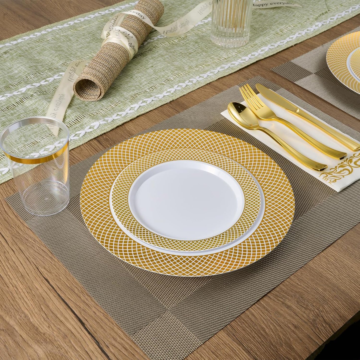 FOCUSLINE Gold Plastic Plates Set of 102, Disposable Plates with Gold Grid Rim 51 Dinner Plates 10" and 51 Salad Dessert Appetizer Plate 7", Elegant Fancy Heavy Duty Wedding Party Plate