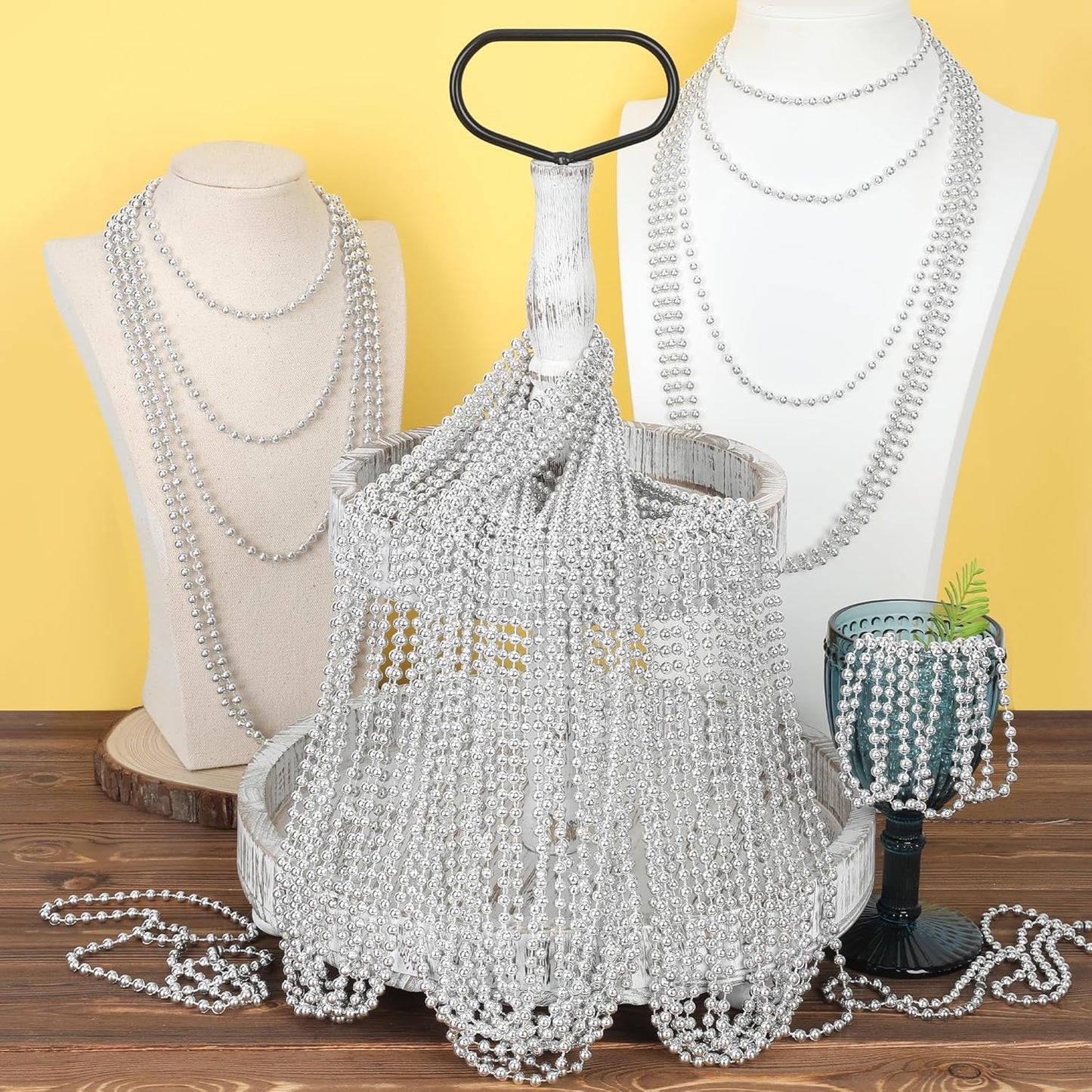 15PCS Bead Necklace, Silver Christmas Bead Stuff Party Favors, 33" Mardi Gras Xmas Silver Beaded Necklace Bulk, Festival Events Parade Throw Accessories for Wedding Birthday Celebrations Decorations